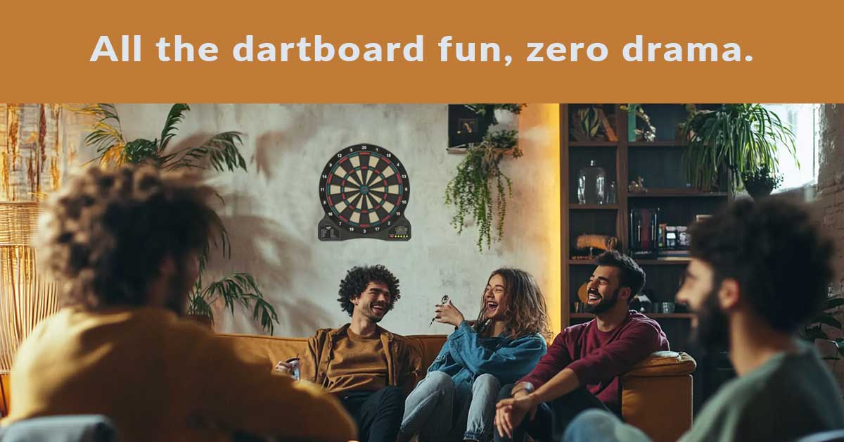 Friends playing on the Fat Cat 727 electronic dart board in a modern apartment