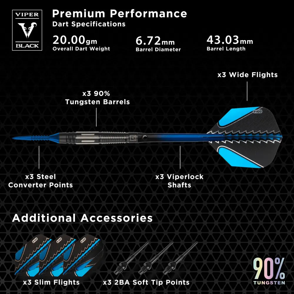 Dart Sets – Viper Black Flux 90% Tungsten | Dual-Format Precision Darts Blue | 20 Grams - Soft Tip Darts