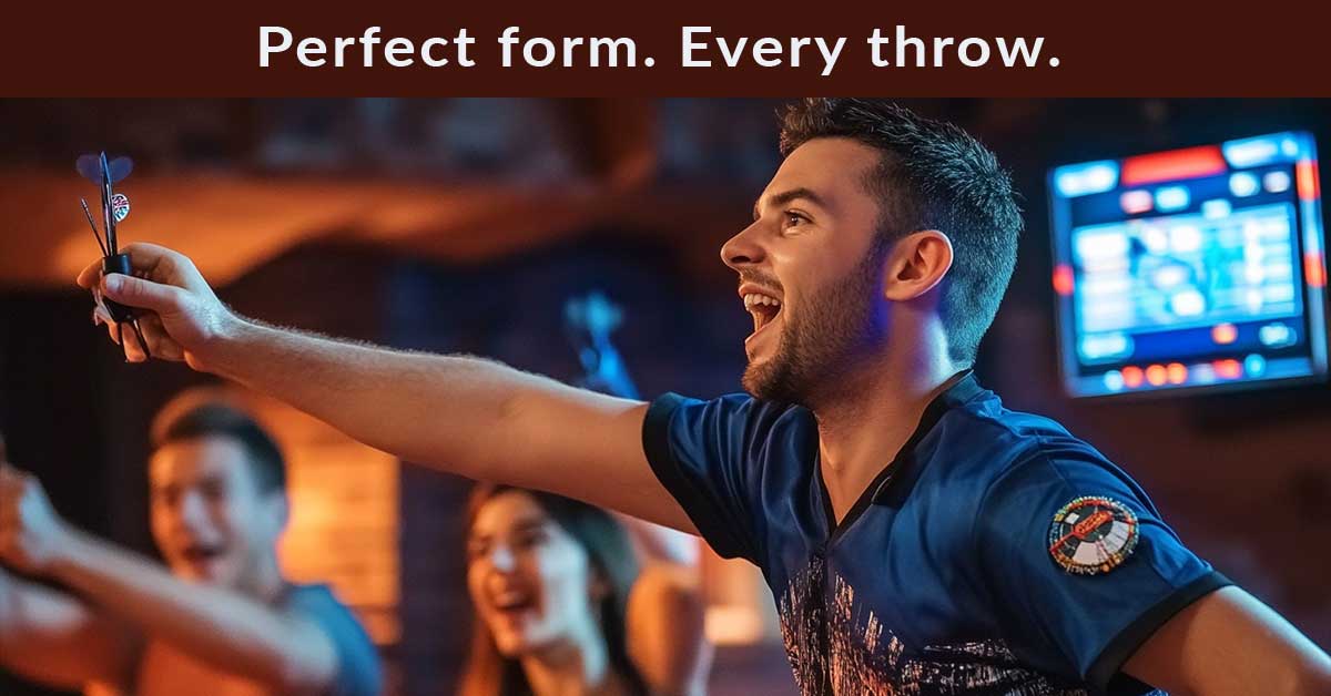 Focused player throwing darts with perfect form and grip